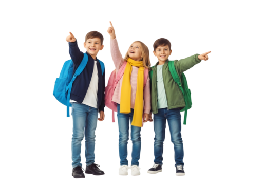 Excited young learners with backpacks point towards an unseen future, symbolizing the wonder and potential within childhood education as they embark on their academic journey