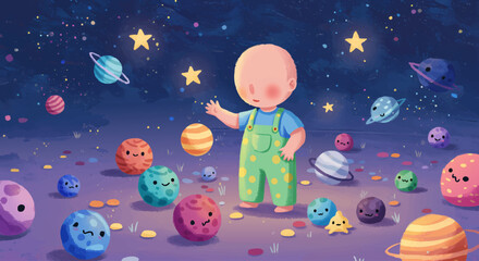 Naklejka premium Adorable Baby Exploring Colorful Planets and Stars in Space