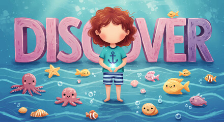 Fototapeta premium Child Discovering Marine Life with Fish and Octopus Underwater