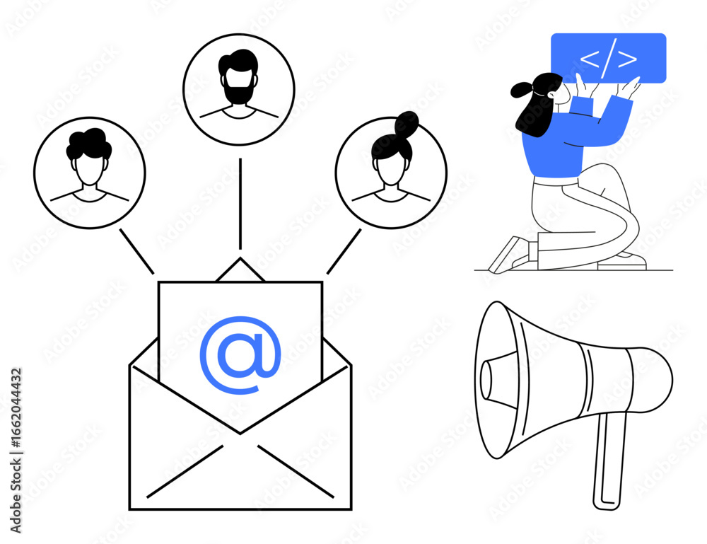 Poster envelop with email sign connecting user profiles, woman coding on screen, loudspeaker highlighting o