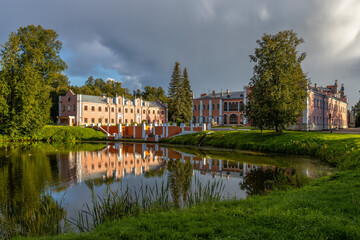 Historic Marfino estate, cultural heritage site with pond reflection, Moscow region, Russia