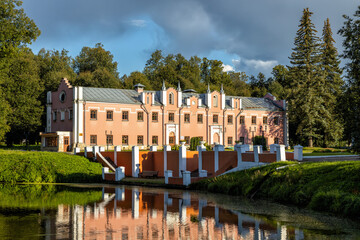 Historic Marfino estate, cultural heritage site with pond reflection, Moscow region, Russia