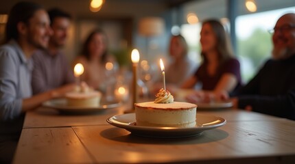 Close-up waiter placing candle-lit birthday dessert on table with smiling guests blurred behind, warm welcoming mood