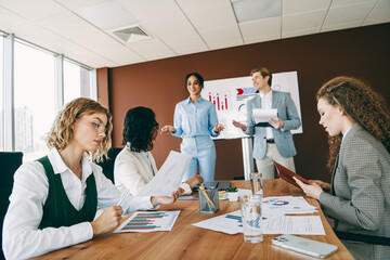 Diverse professionals at a business meeting collaborating on a project presentation in a modern...