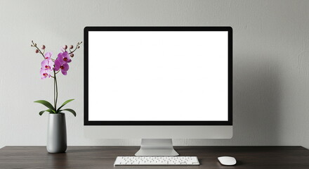 Modern Computer Mockup with Orchid Flower on Desk