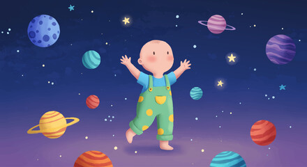 Naklejka premium Adorable Baby Walking Among Colorful Planets and Stars