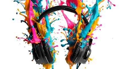 Headphones covered in vibrant paint splashes isolated on transparent background