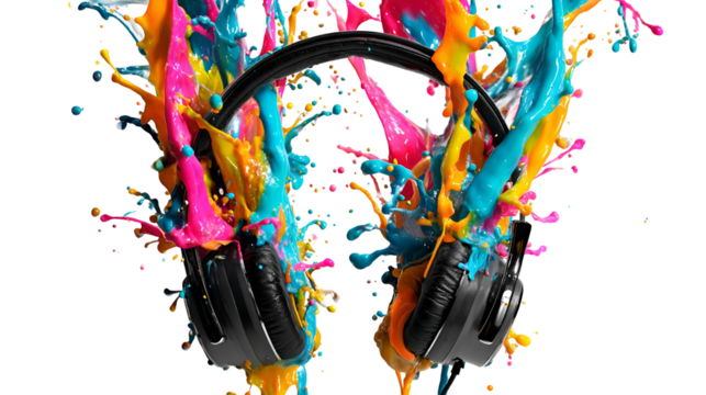 Headphones covered in vibrant paint splashes isolated on transparent background - Powered by Adobe