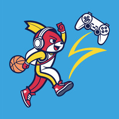 Playful Competitor: A stylized cartoon character with a sporty appearance, wearing headphones and clutching a basketball, charges forward with a gaming controller in hot pursuit.