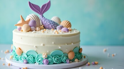 Mermaid theme cake with buttercream waves, fondant shells, pearls and shimmering tail topper in pastel teal and lavender
