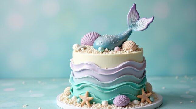 Mermaid theme cake with buttercream waves, fondant shells, pearls and shimmering tail topper in pastel teal and lavender

