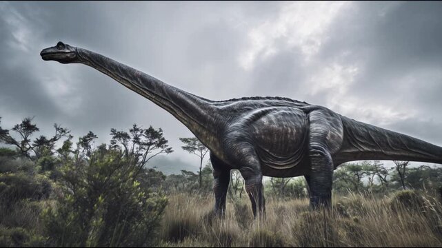 Giant dinosaur walking in prehistoric forest, cinematic dinosaur animation, realistic Jurassic wildlife background video