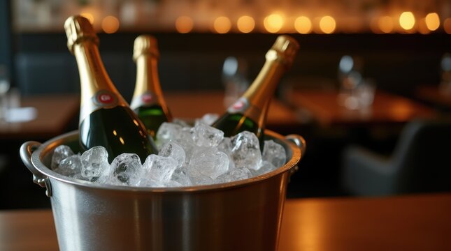 Chilled stainless champagne bucket with ice and bottle necks, moody restaurant light, elegant minimal bar scene
 - Powered by Adobe