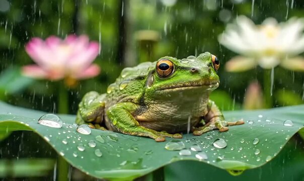 Green frog sits on a large leaf covered in water droplets, with lotus flowers in the background, in a natural setting