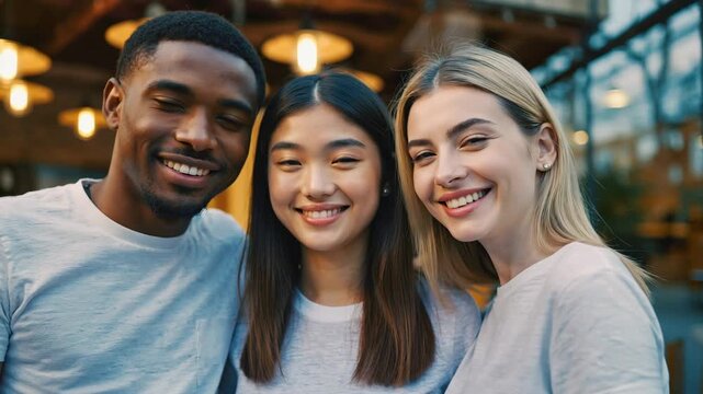 Three individuals from diverse backgrounds stand close together, smiling brightly. The image conveys a sense of warmth, friendship and connection