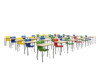 Vibrant empty classroom with rows of colorful desks and chairs on a pristine white background, ready for students and educational activities