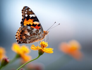 Obraz premium Painted Lady butterfly on a flower. Soft focus, vibrant colors, delicate wings