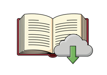 Vector illustration of open book with a cloud download icon symbolizing digital information transfer and online learning