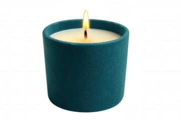 Teal cylindrical candle glowing, casting soft light against transparent backdrop, enhancing relaxation and ambient mood