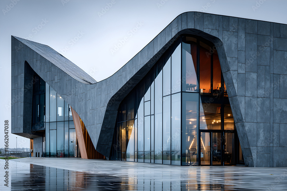 Poster modern building with angular facade and large glass windows.