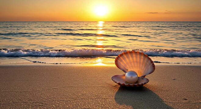 Shell with pearl on sandy beach during sunset by the ocean  
