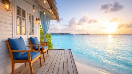 Fototapeta premium A serene beachside scene featuring a cozy deck with two chairs, soft lighting, and a stunning sunset over the water.