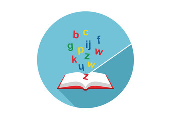 Vector illustration of an open book with colorful letters flying out, symbolizing the learning of language and the joy of reading, in a flat design