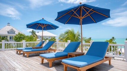 A serene outdoor space featuring blue lounge chairs and umbrellas, perfect for relaxation by the ocean on a sunny day.