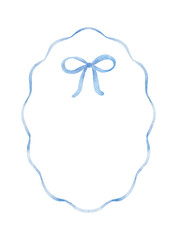 Watercolor blue wavy frame with bow in minimalistic style.