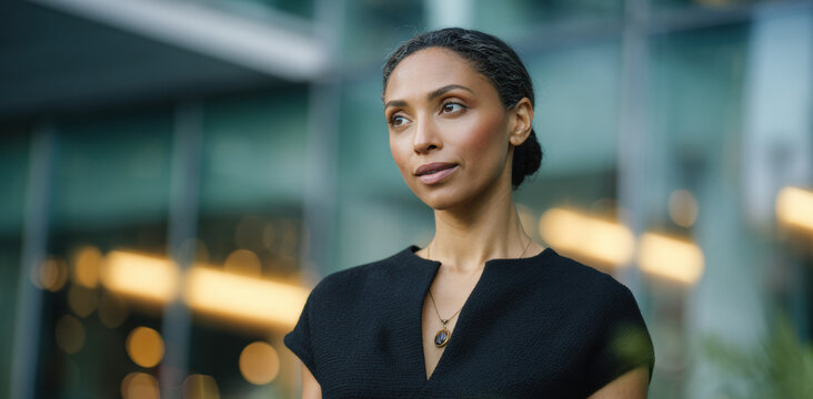 confident woman outdoors with glass wall background in warm evening light smiling softly concept of leadership coaching personal branding