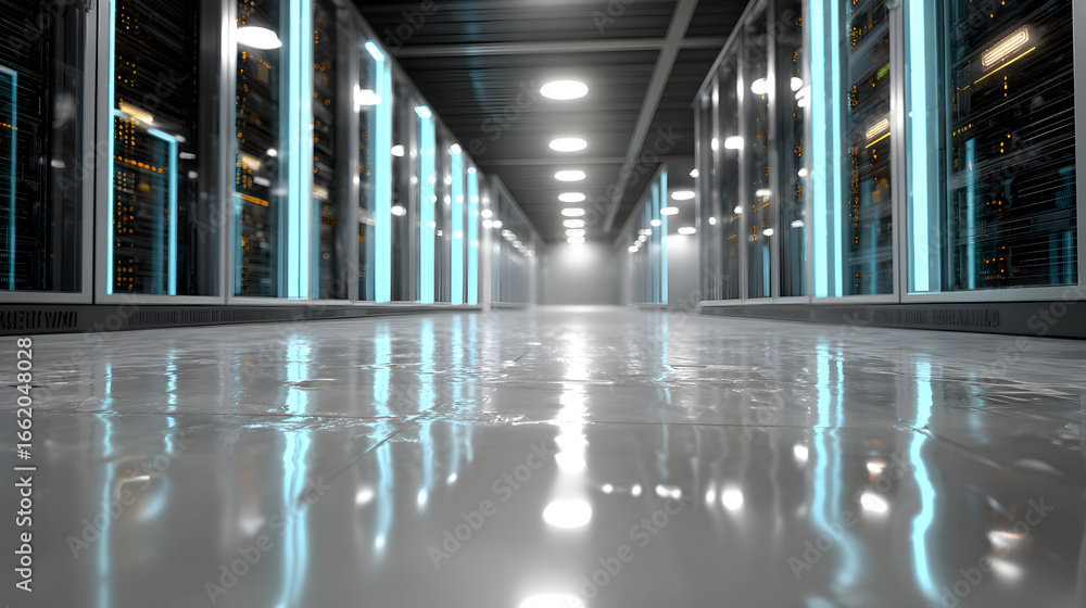 Poster interior view of a server room with rows of server racks.