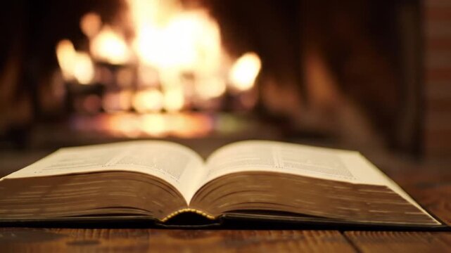 Open bible on wooden surface with a warm fireplace in the background.