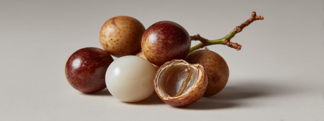 Longan fruit group with one split open revealing translucent flesh and seeds