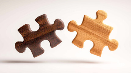Obraz premium Two interlocking wooden puzzle pieces symbolize teamwork and connection in a creative manner