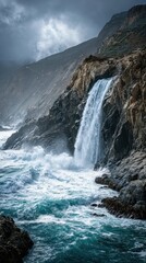 Waterfall cascades on rocky coast. Tourism promotion or nature background element