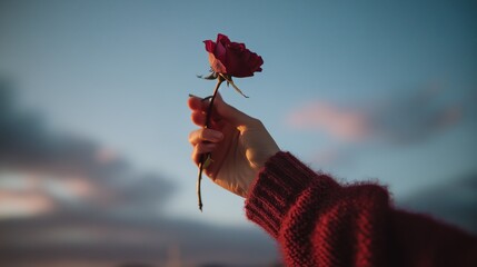 A hand wearing a red sweater holds a red rose against a backdrop of a soft, dusky sky.