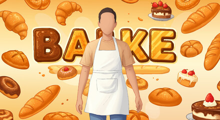 Childlike Character Baking Bread and Pastries Hand Drawn