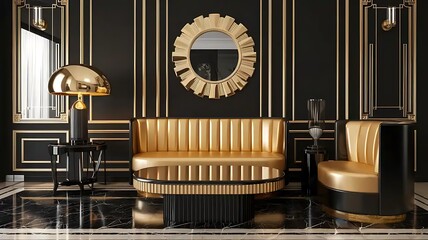 Art deco style interior design of modern living room with black wall and golden decor pieces. Created with generative AI