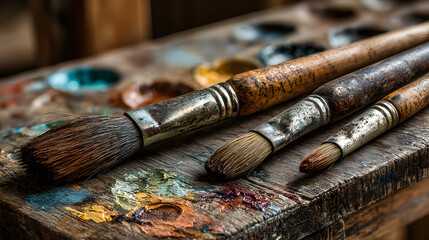 Fototapeta premium Four used paintbrushes on a paint palette.