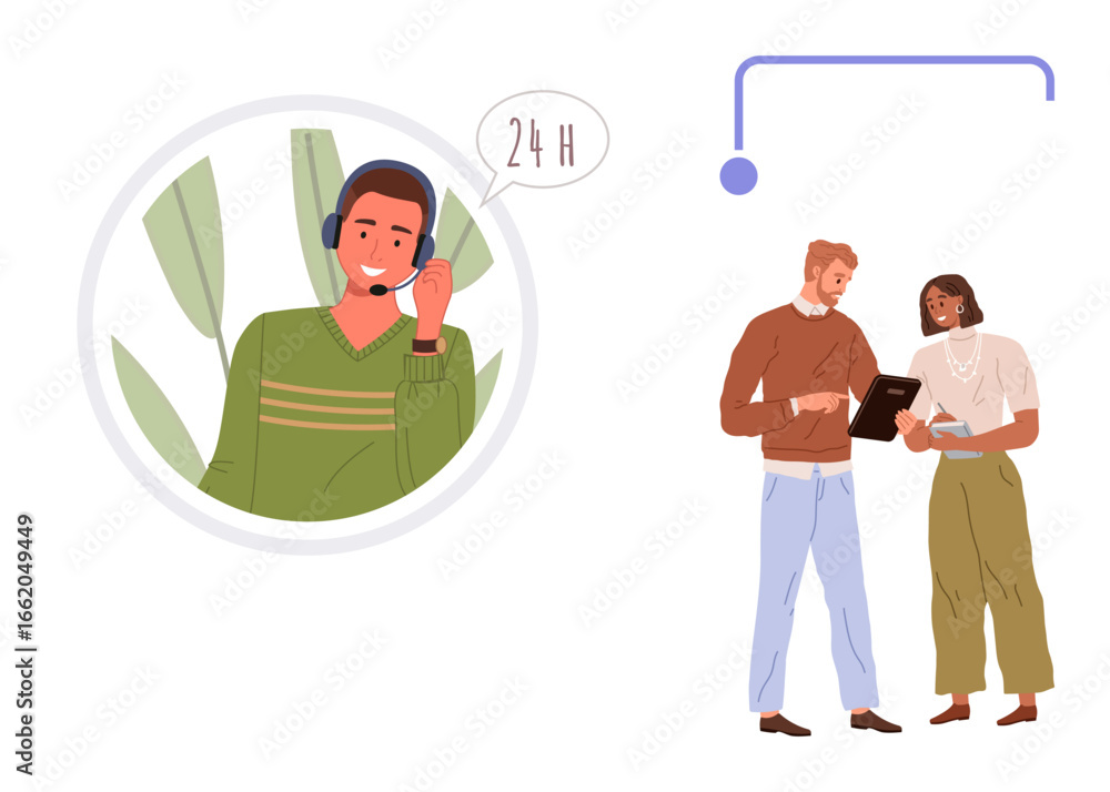 Poster smiling customer service agent with headset and speech bubble, pair of coworkers collaborating using