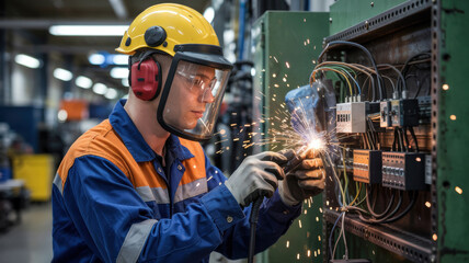 An industrial worker in protective gear — helmet, gloves and goggles — works at an electrical panel with exposed wires. Bright sparks are flying.