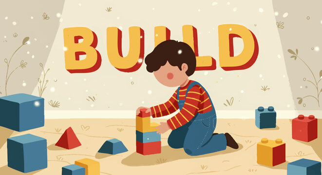 Kid building with colorful toy blocks hand drawn illustration