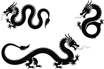Three stylized black silhouette dragons in dynamic poses on white background