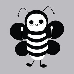 Cute black and white cartoon bee character with big eyes and striped body. Perfect for kids design, mascot, logo, and decoration