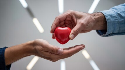 One hand carefully places a red heart in the other outstretched hand, placed on a light background with enough space to copy.