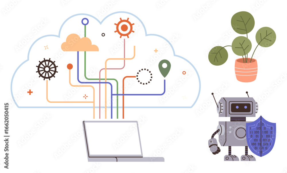 Poster cloud computing and data flow connected to a laptop, ai robot with a shield representing cybersecuri