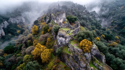 autumn mist shrouds ancient castle ruins