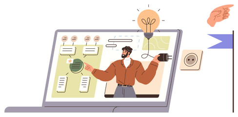 Man giving a virtual presentation with charts, ideas, chat bubbles, and notes displayed on a laptop. Ideal for education, innovation, teamwork, digital learning, technology communication