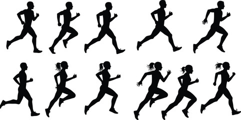 Running silhouette sequence of human motion, athletic poses in black vector for sports, fitness, animation, training, and movement analysis themes
