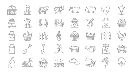 Comprehensive Collection of Farm and Agriculture Line Icons Essential Vector Graphics for Rural Lifestyle, Livestock, and Crop Production Themes